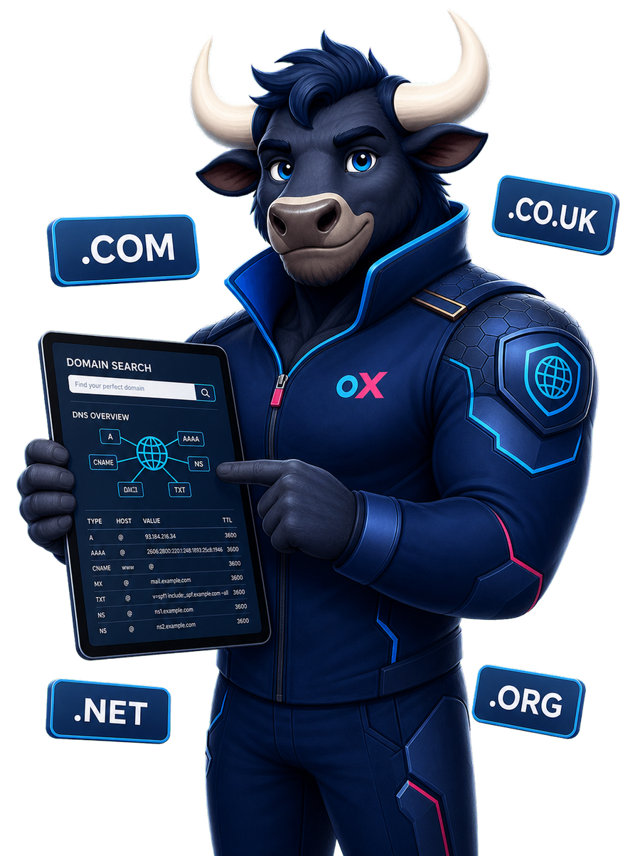 oXnames domain specialist mascot presenting domain search and DNS tools