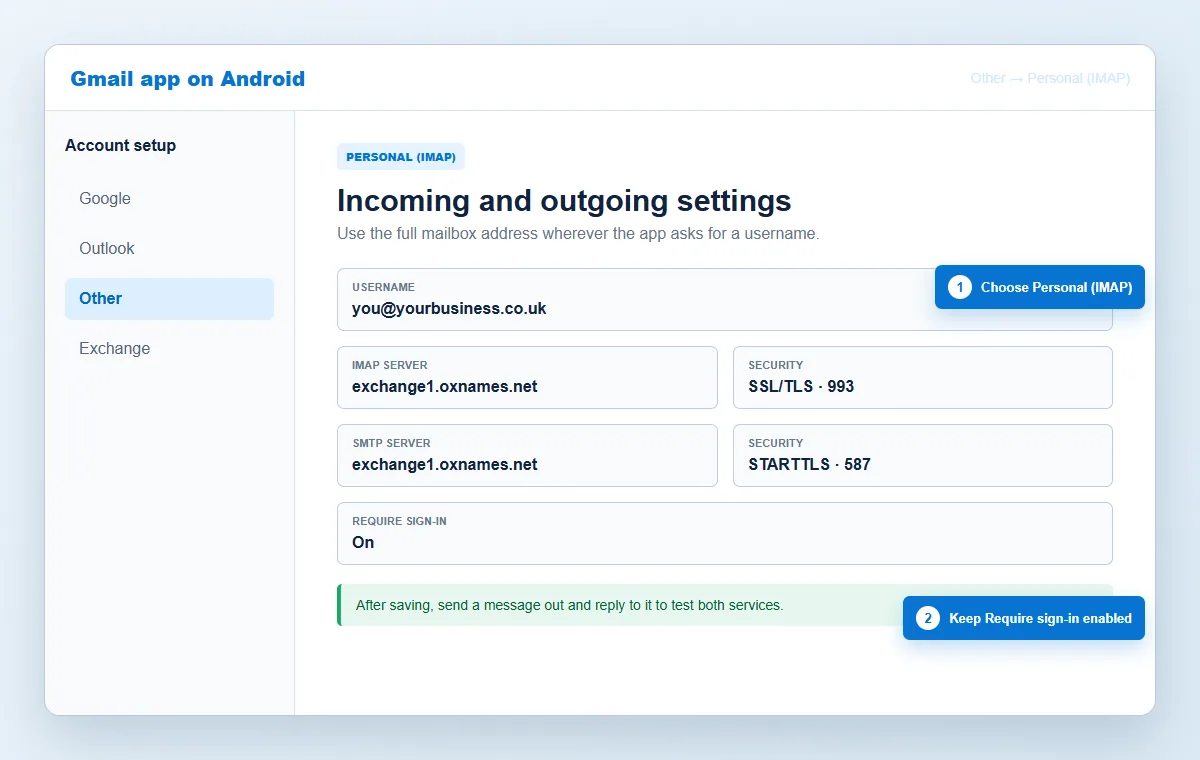 Annotated Gmail app manual IMAP and SMTP setup screens for oXnames email on Android