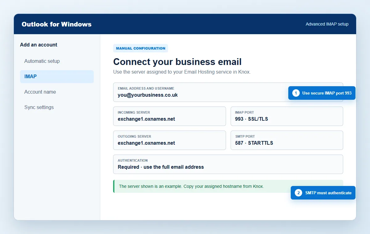 Annotated Outlook IMAP account setup screen showing the incoming and outgoing mail settings