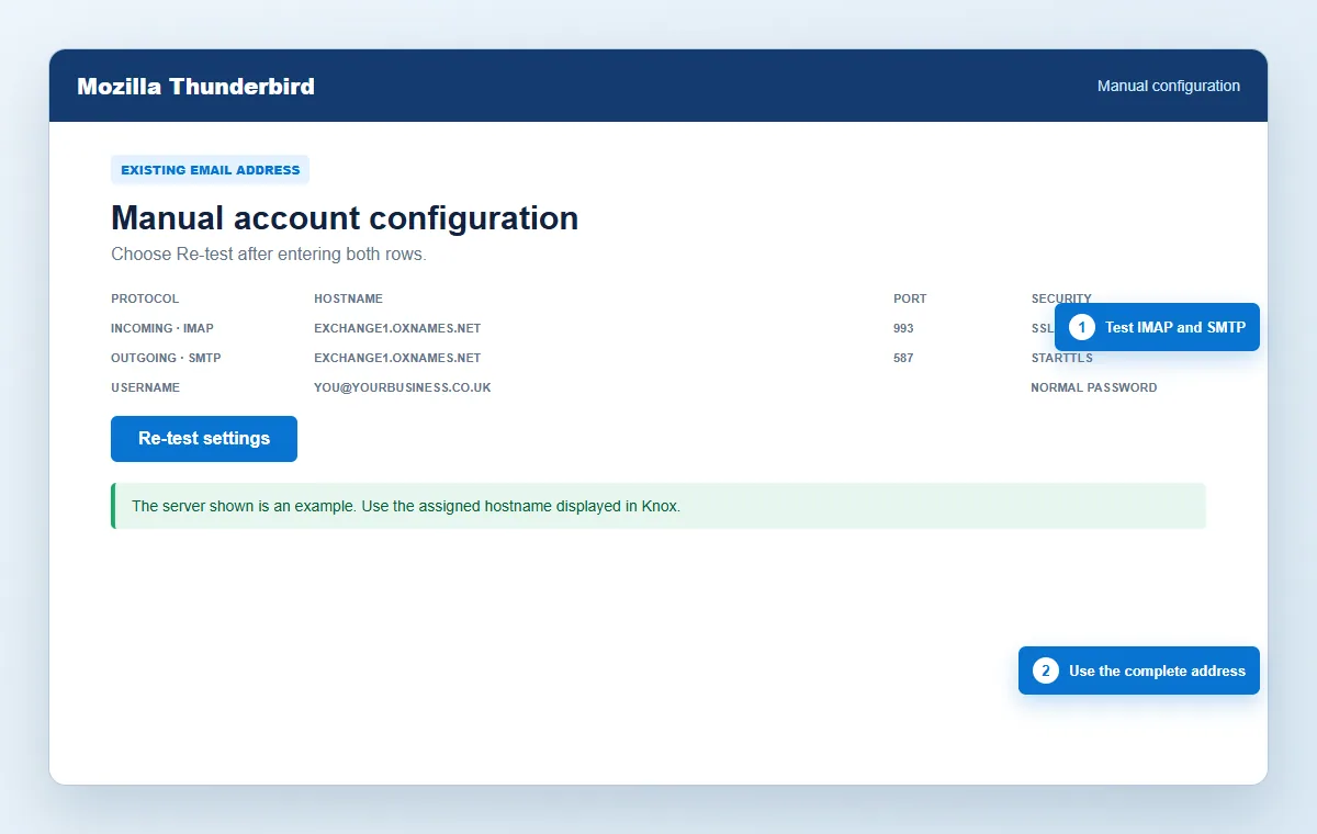 Annotated Thunderbird manual configuration screen with secure oXnames IMAP and SMTP settings