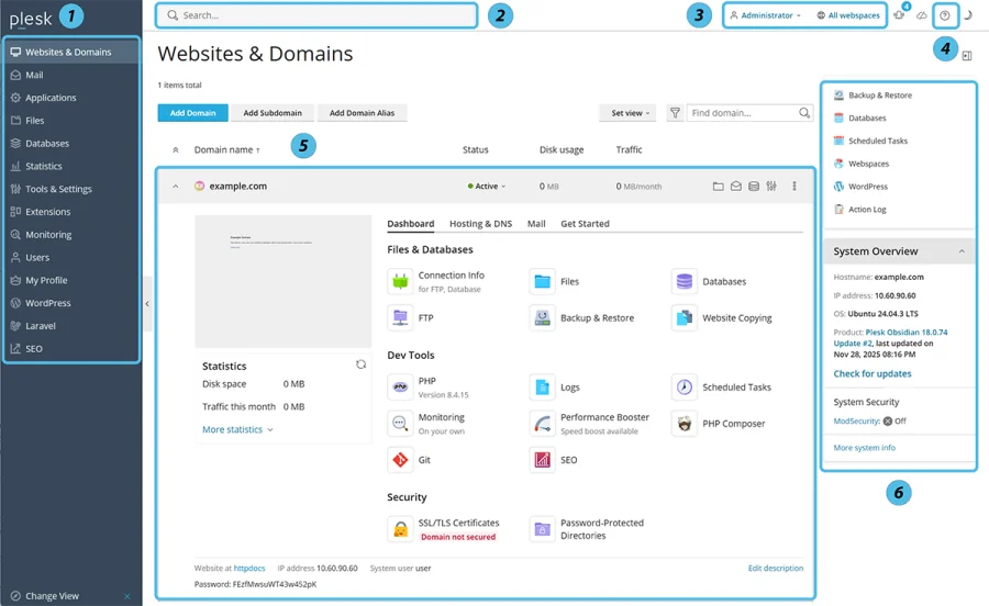 Official Plesk Websites and Domains interface showing website, file, database and SSL tools