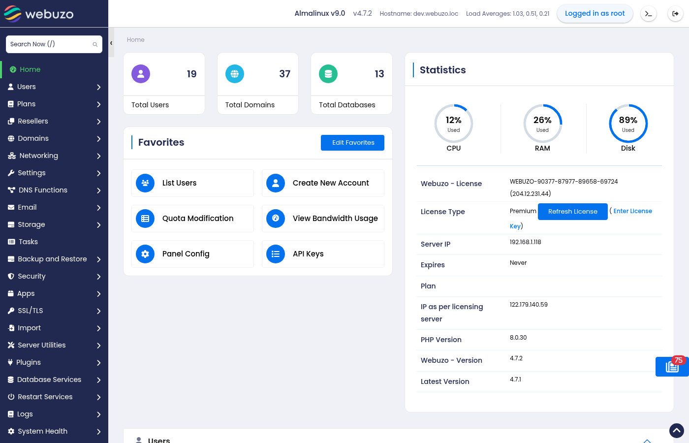Webuzo administration dashboard showing hosting account and server management tools